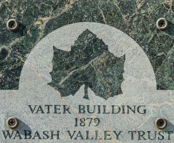 Photo of plaque reading Vater Building 1879 Wabash Valley Trust on office building